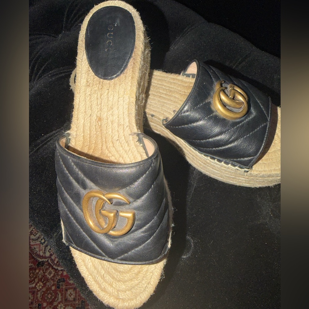 Gucci Black Quilted Leather Espadrille Slide Mules with Gold Double G